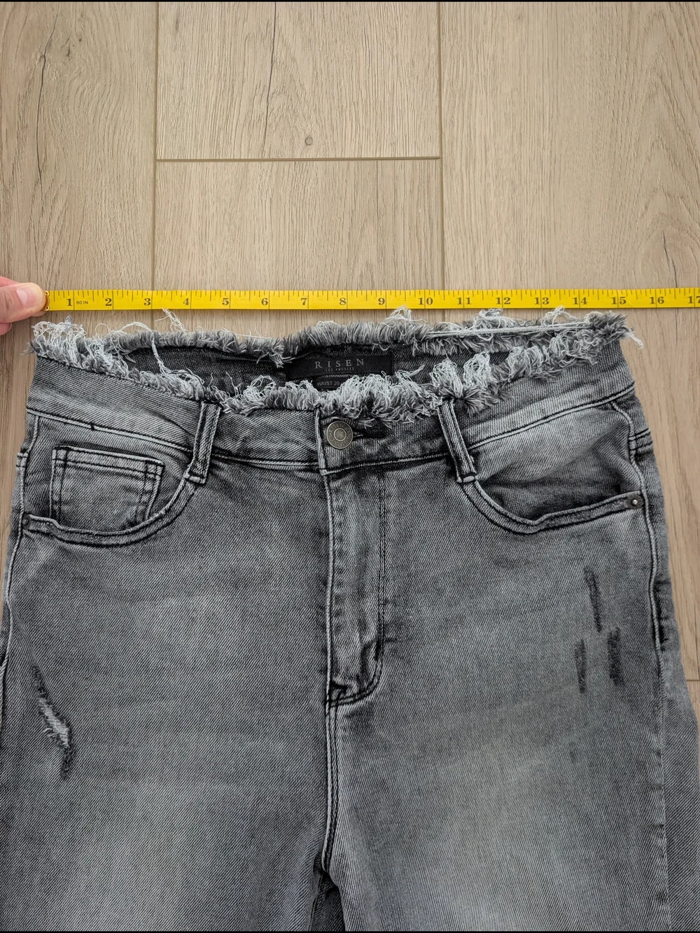 RISEN High Rise Distressed Gray Jeans Frayed Waist Raw Hem Size 29